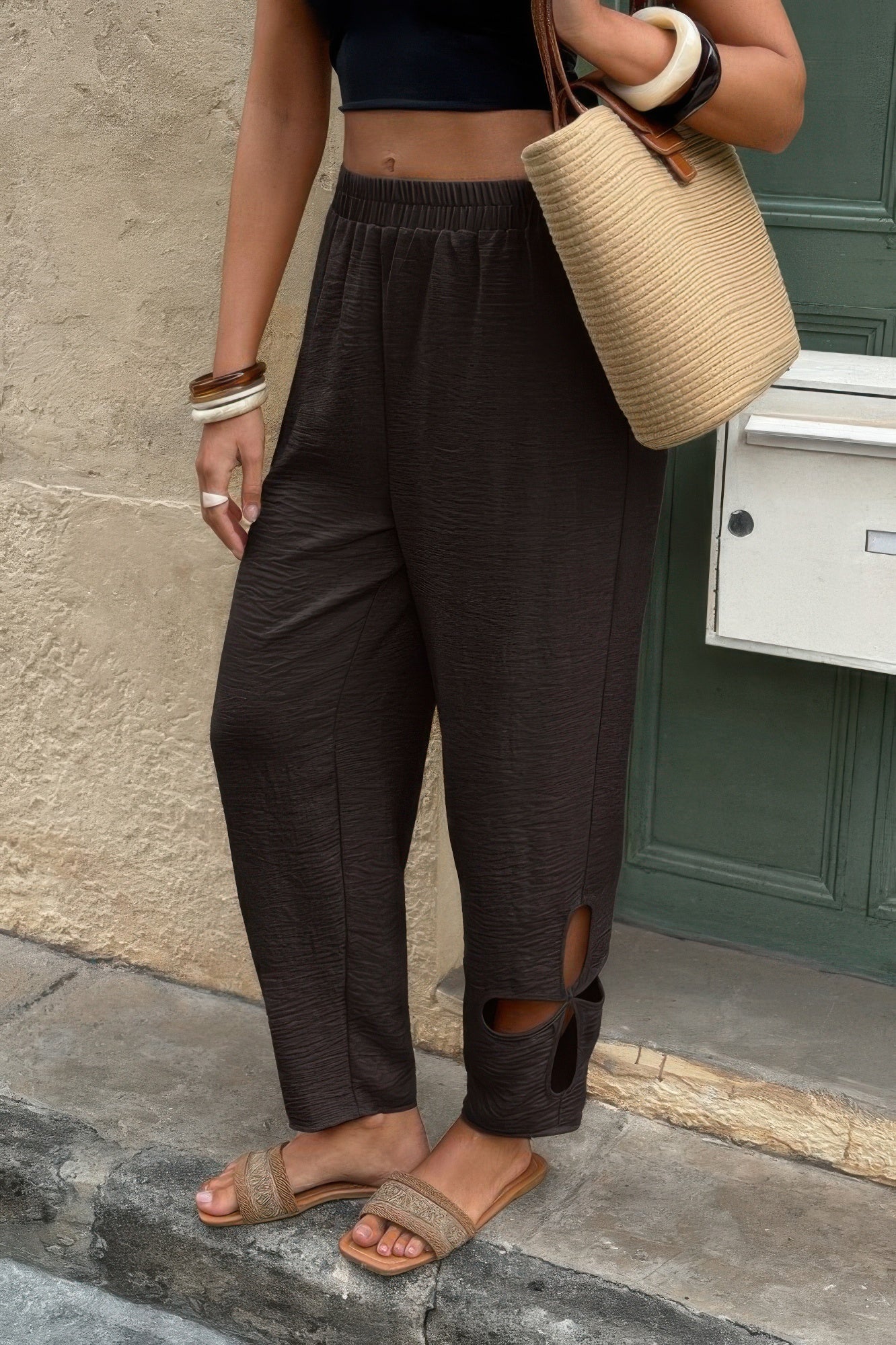 Solid Loose Elastic Waist Hollow Out Long Pant - It's a Girly Place