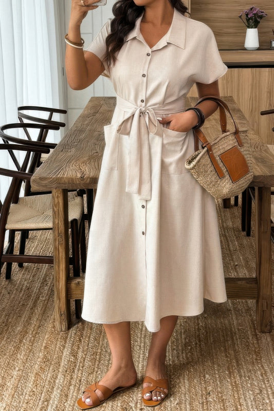 Plus Solid Button Down Straight Belted Shirt Dress - It's a Girly Place