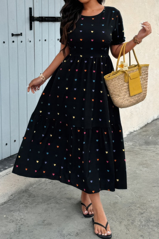 Plus Heart Print Round Neck Ruffle Hem Dress - It's a Girly Place