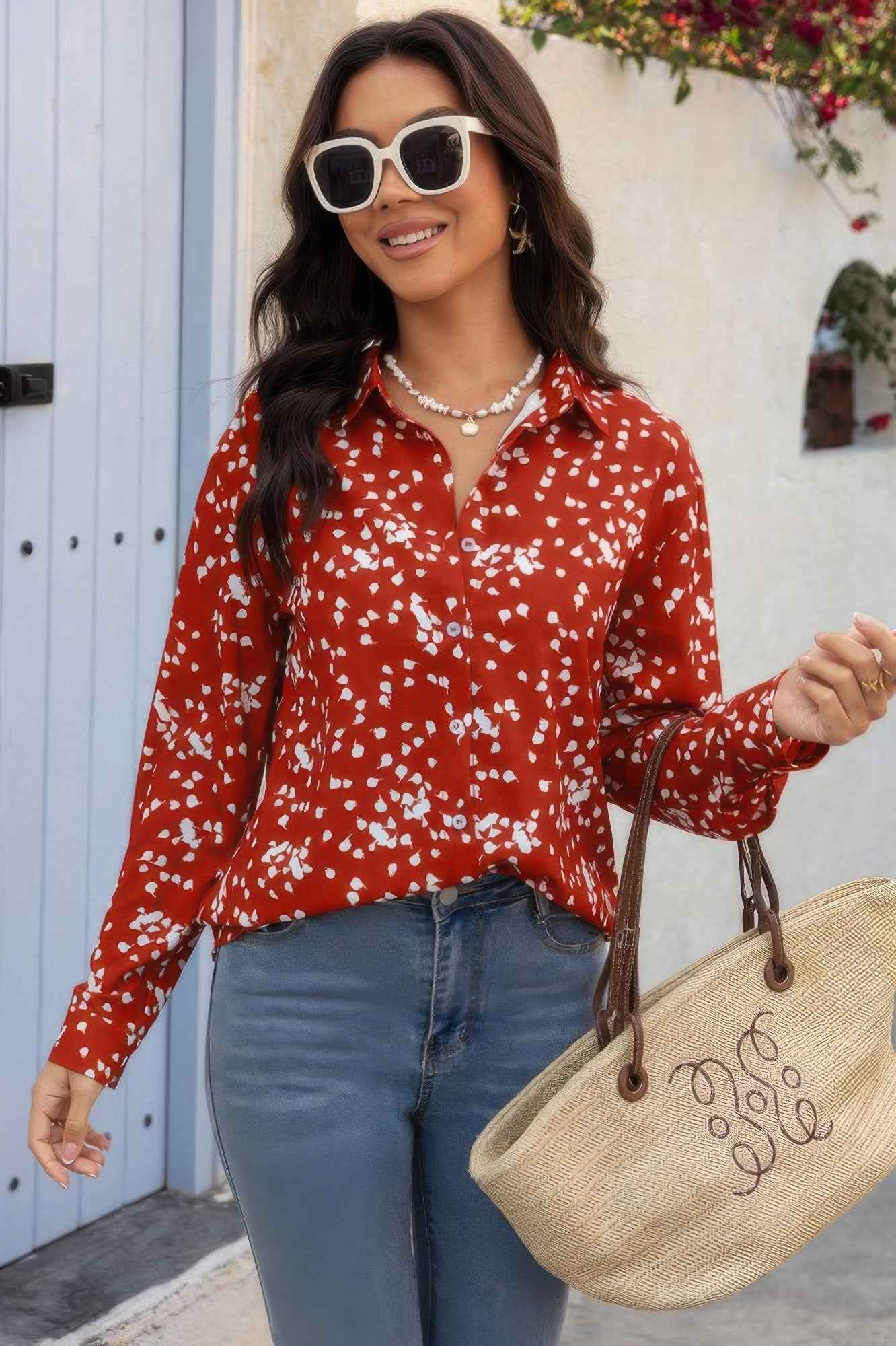 Allover Print V Neck Button Down Loose Blouse