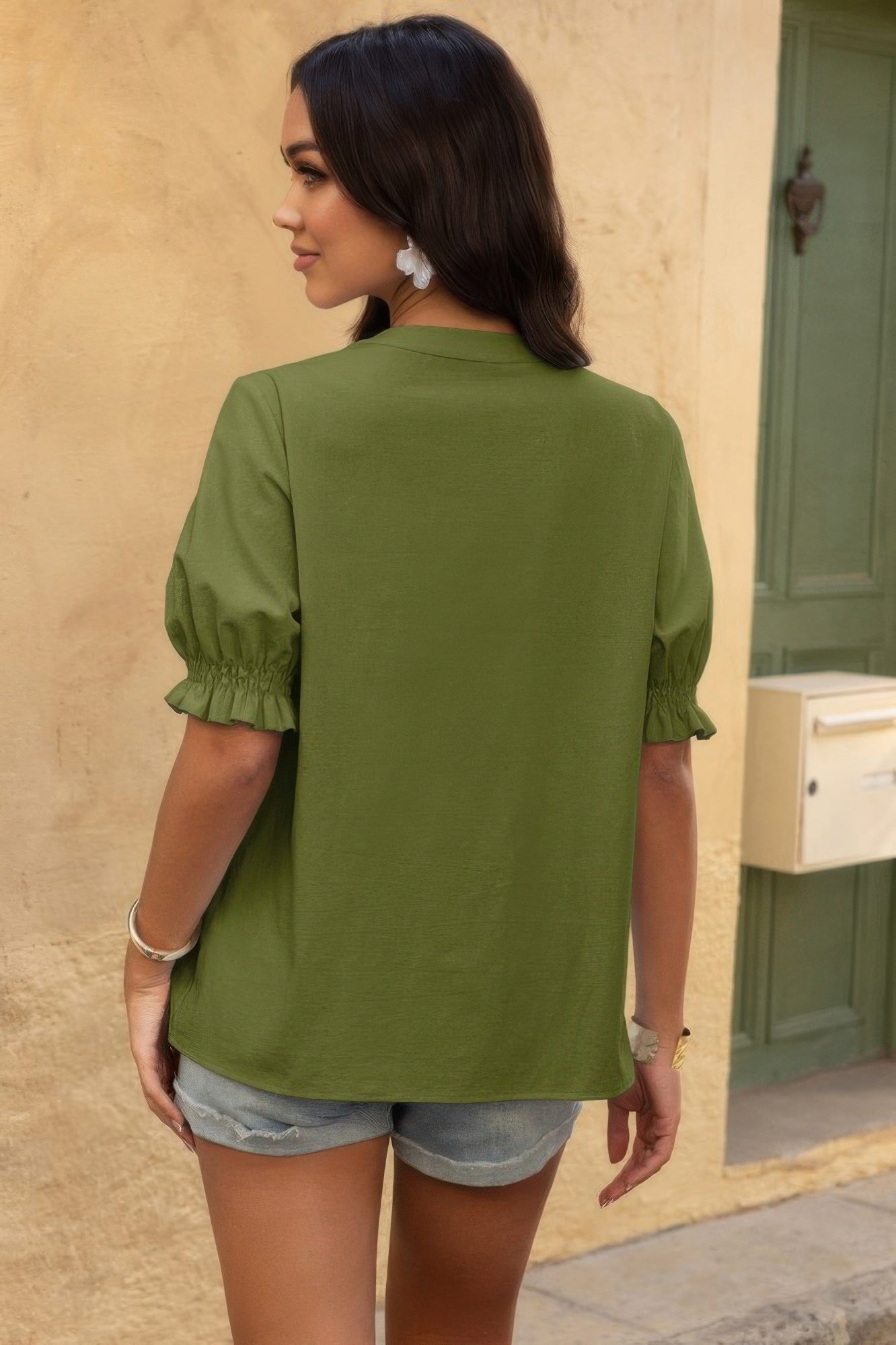 V Neck Boho Puff Short Sleeve Button Down Shirt - It's a Girly Place