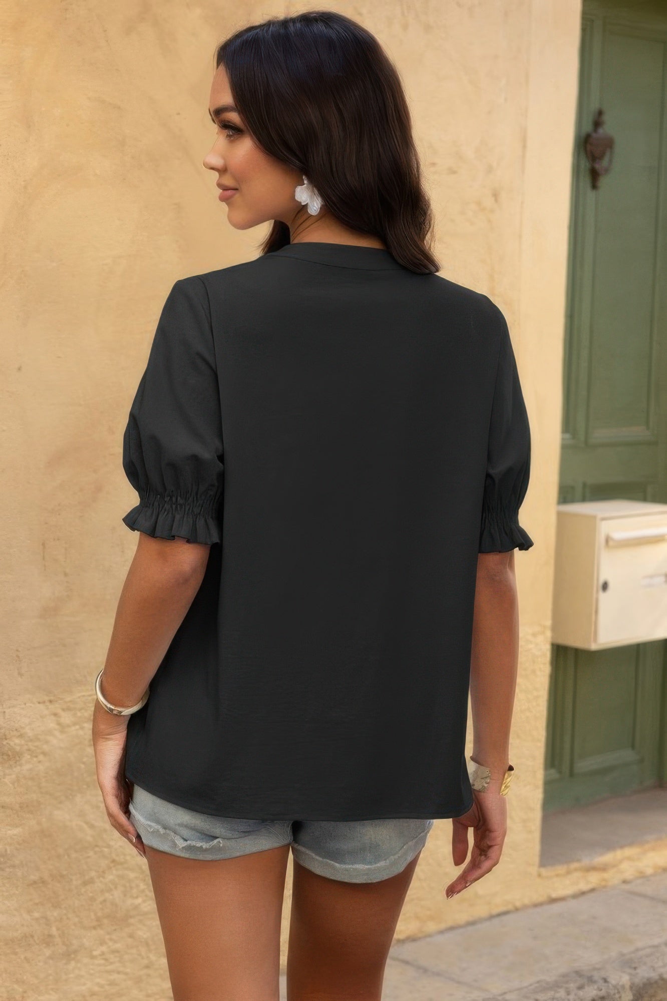 V Neck Boho Puff Short Sleeve Button Down Shirt - It's a Girly Place