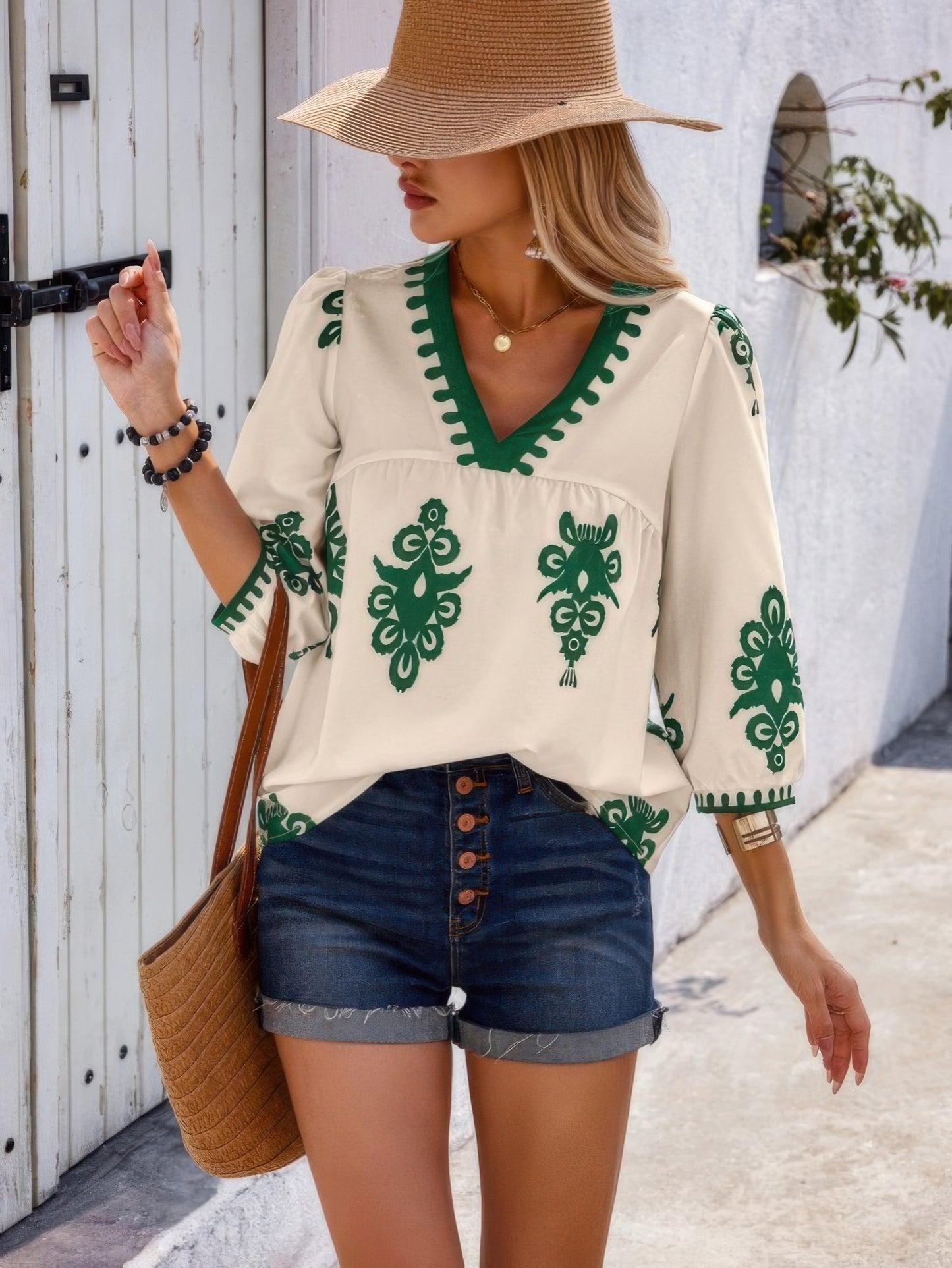 Geo Print V Neck Loose Puff Sleeves Blouse - It's a Girly Place