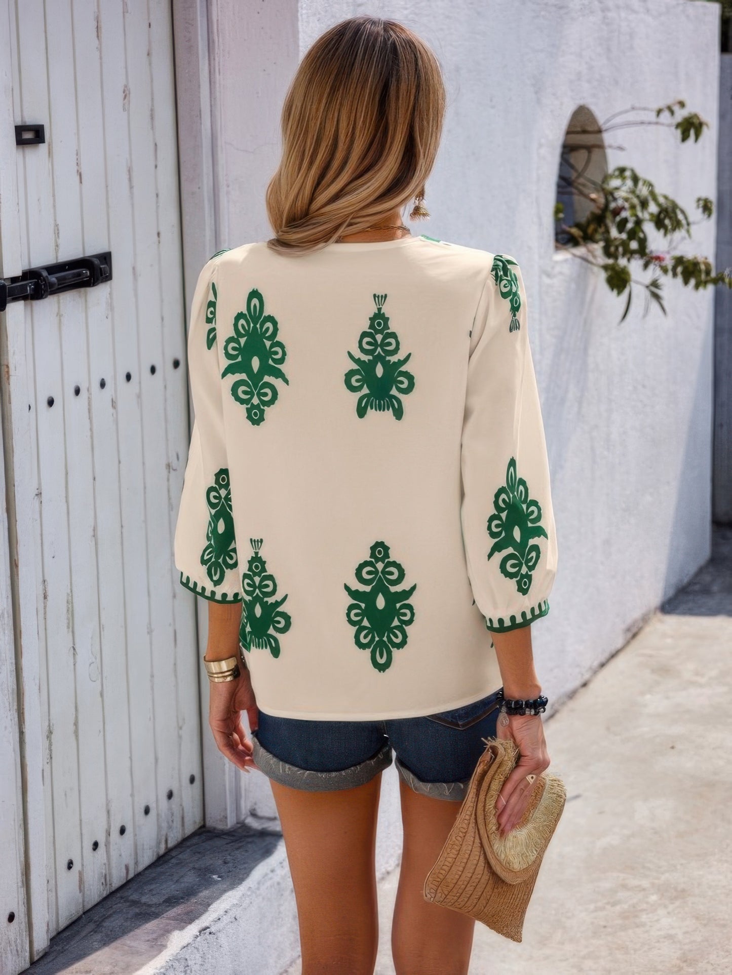 Geo Print V Neck Loose Puff Sleeves Blouse - It's a Girly Place