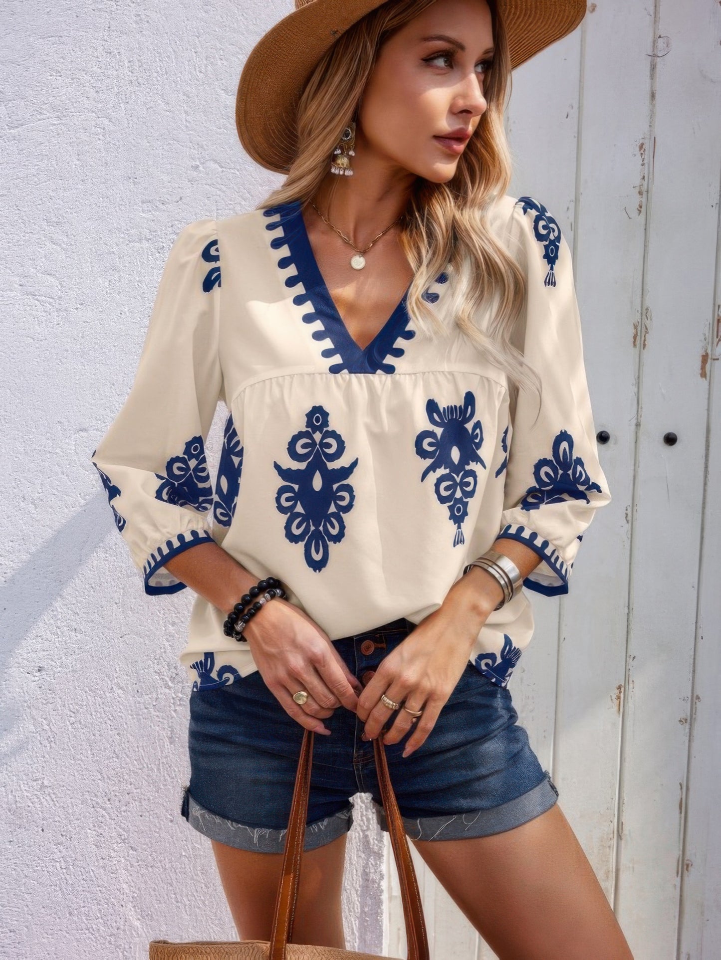 Geo Print V Neck Loose Puff Sleeves Blouse - It's a Girly Place