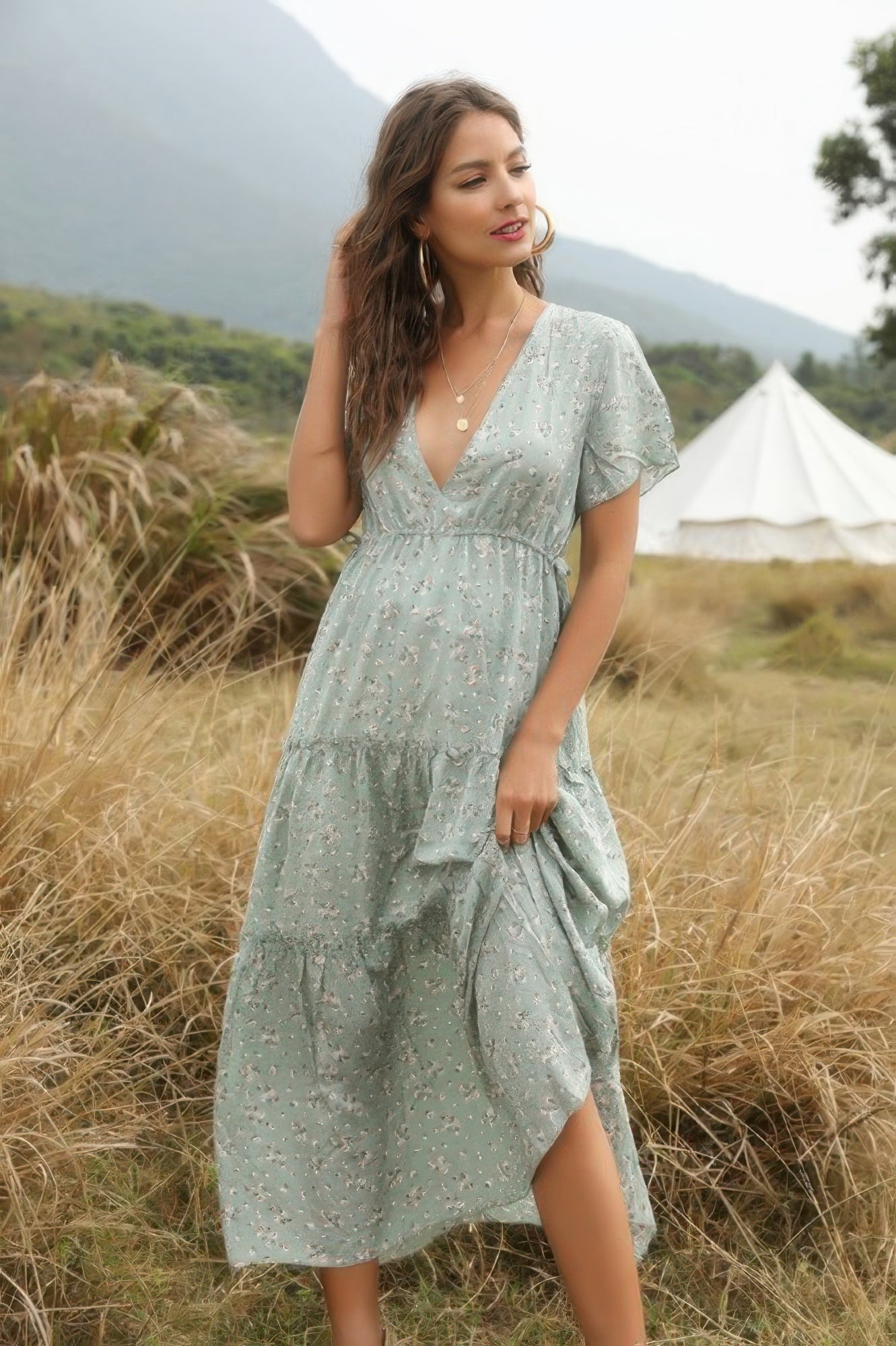 Elegant Floral Ruffle Deep V Neck Slit Dress - It's a Girly Place