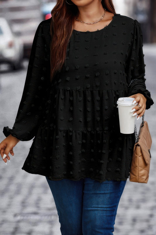 Plus Swiss Dot Round Neck Ruffle Hem Blouse - It's a Girly Place