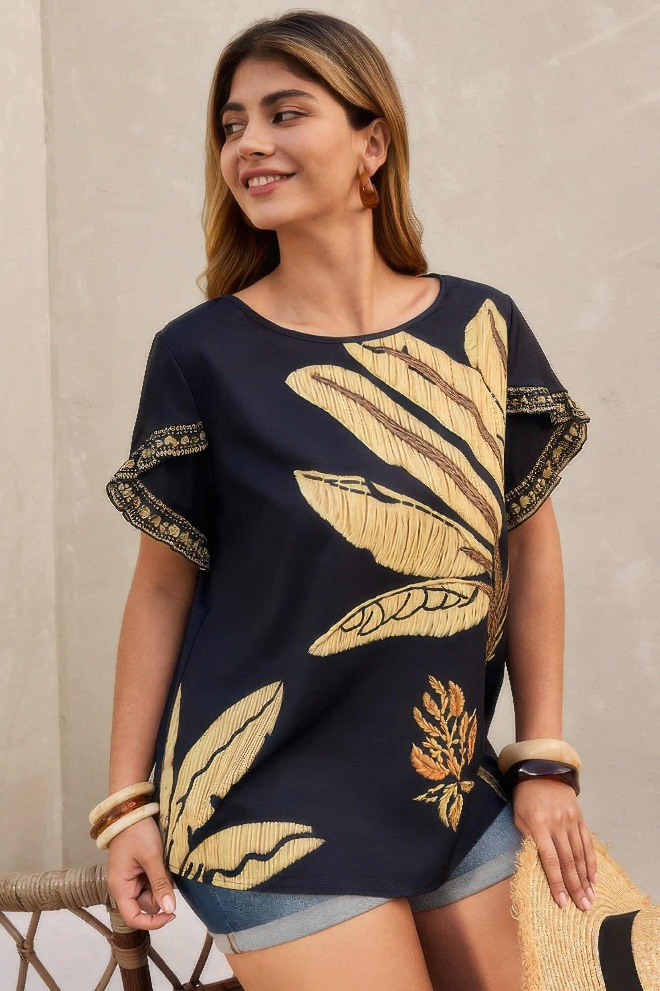 Plus Tropical Print Ruffle Hem Sleeve Blouse - It's a Girly Place