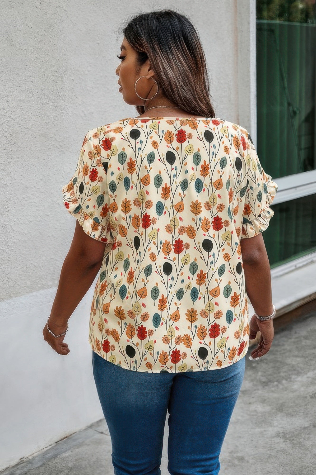 Plus Round Neck Floral Flounce Sleeve Loose Shirt - It's a Girly Place