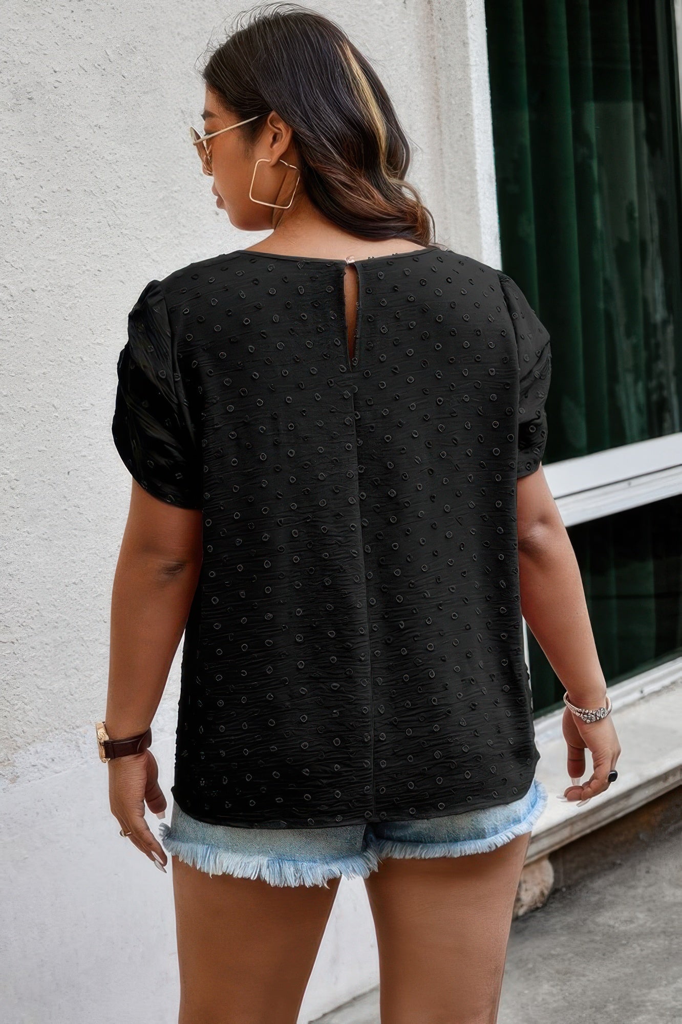 Plus Size Solid Swiss Dots Short Sleeve Blouse - It's a Girly Place