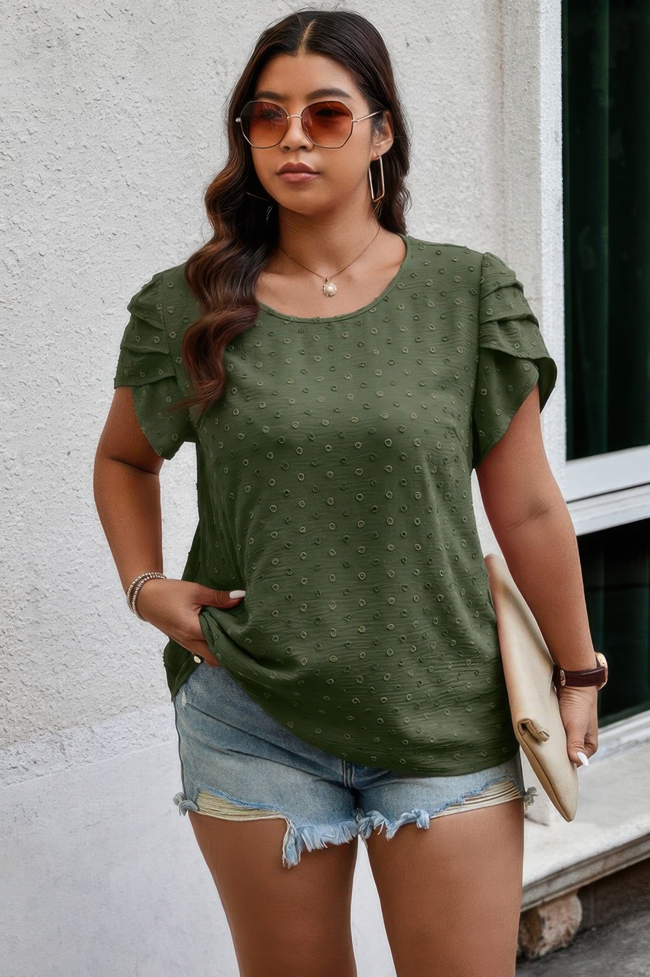 Plus Size Solid Swiss Dots Short Sleeve Blouse - It's a Girly Place