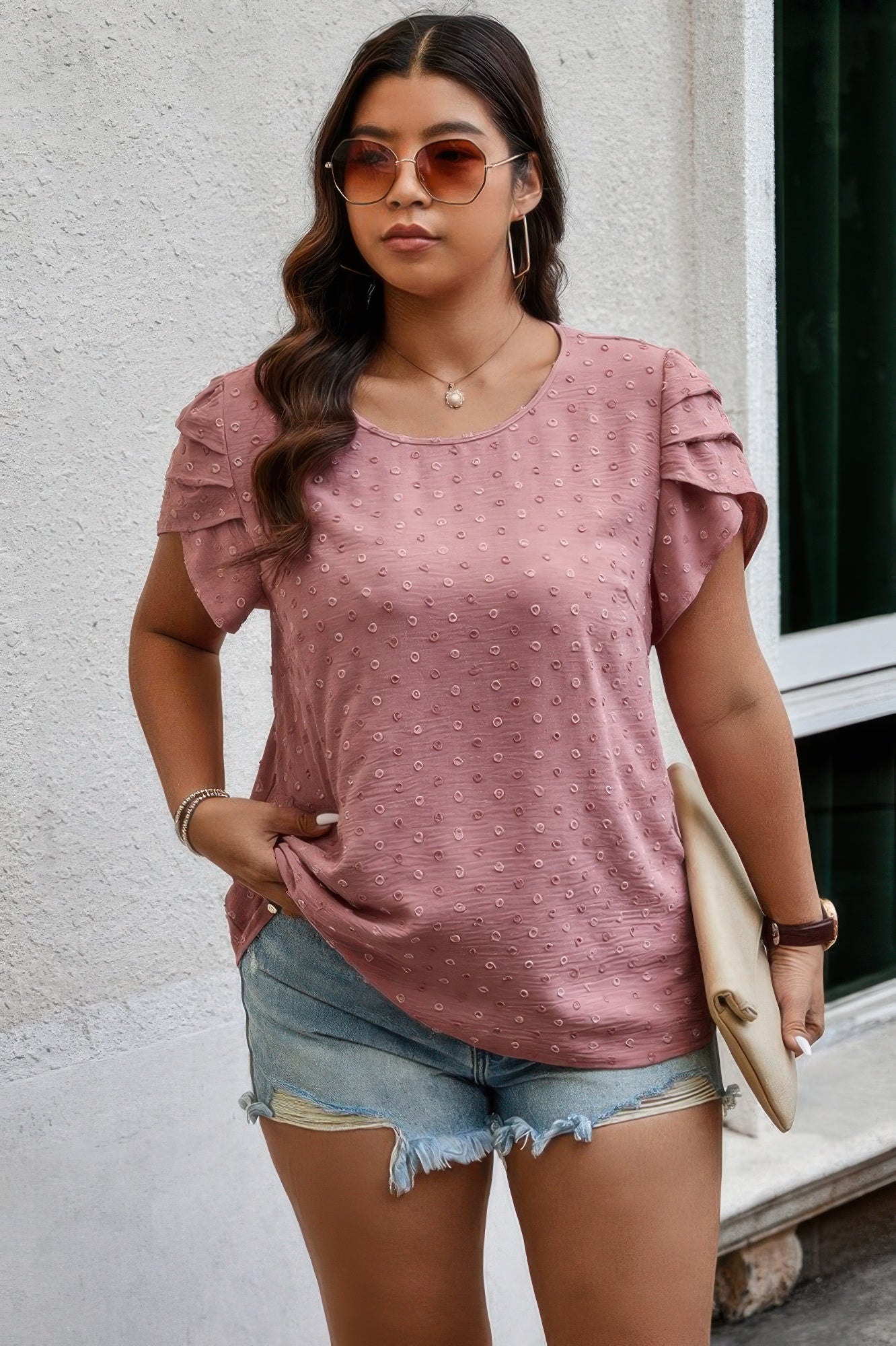 Plus Size Solid Swiss Dots Short Sleeve Blouse - It's a Girly Place