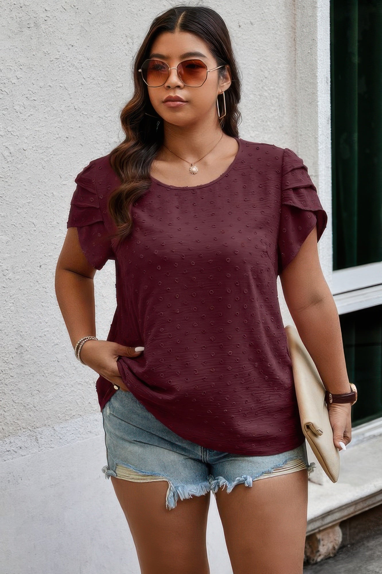 Plus Size Solid Swiss Dots Short Sleeve Blouse - It's a Girly Place