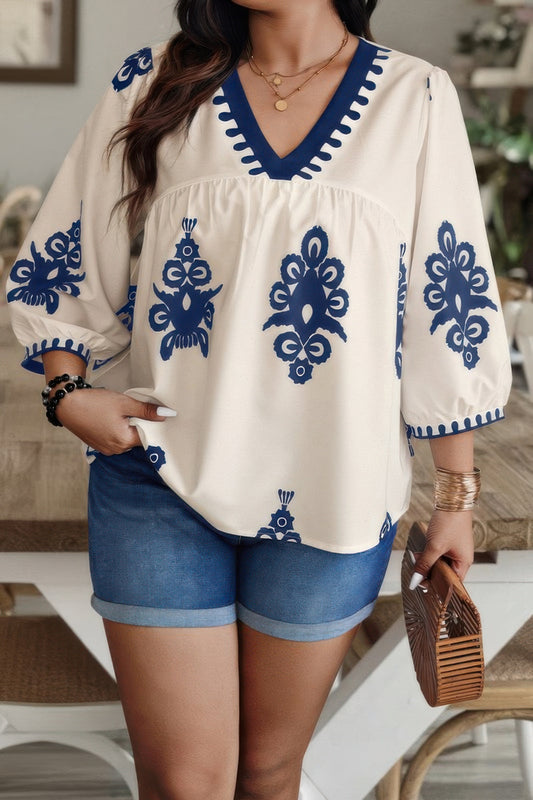 Plus V Neck Geo Print Puff Sleeve Blouse - It's a Girly Place