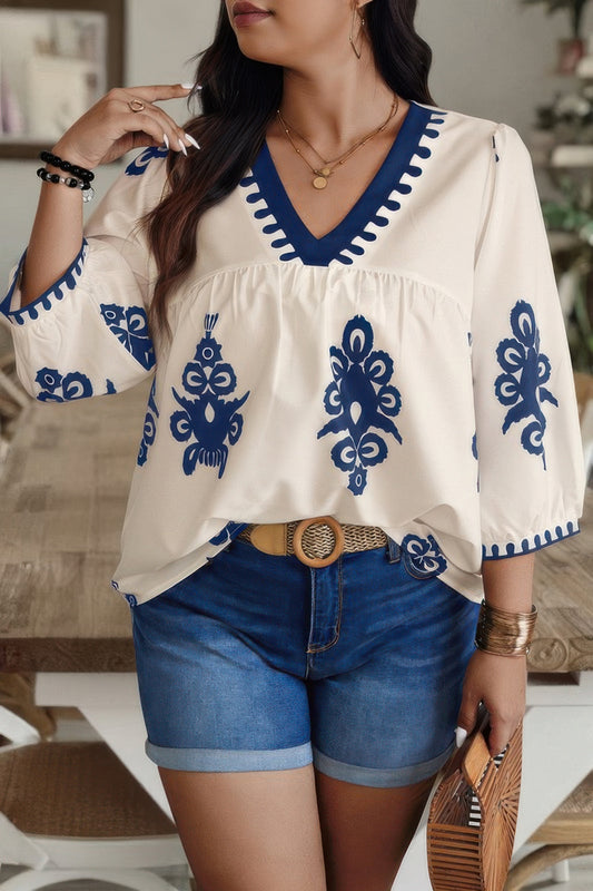 Plus V Neck Geo Print Puff Sleeve Blouse - It's a Girly Place