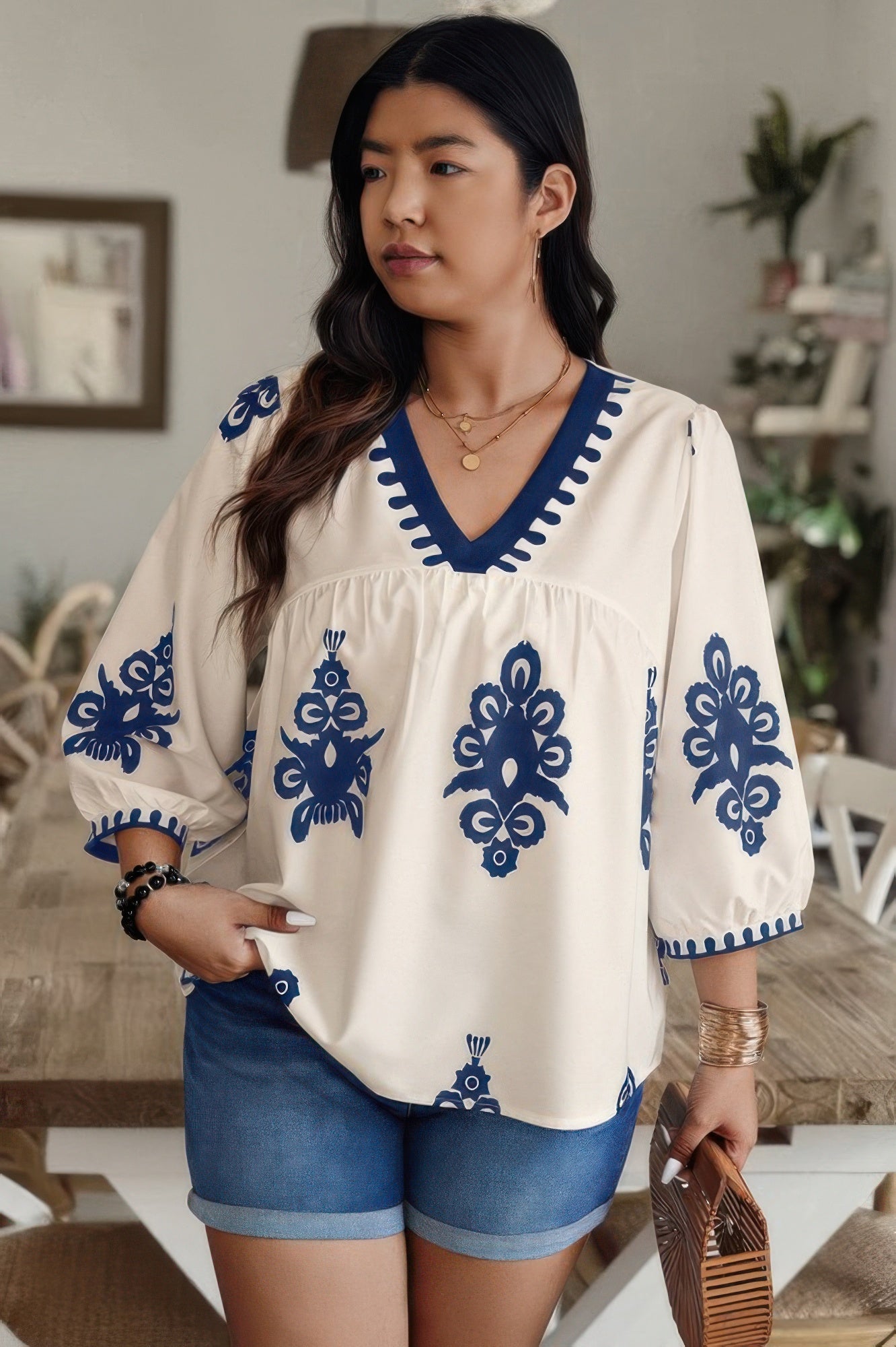 Plus V Neck Geo Print Puff Sleeve Blouse - It's a Girly Place