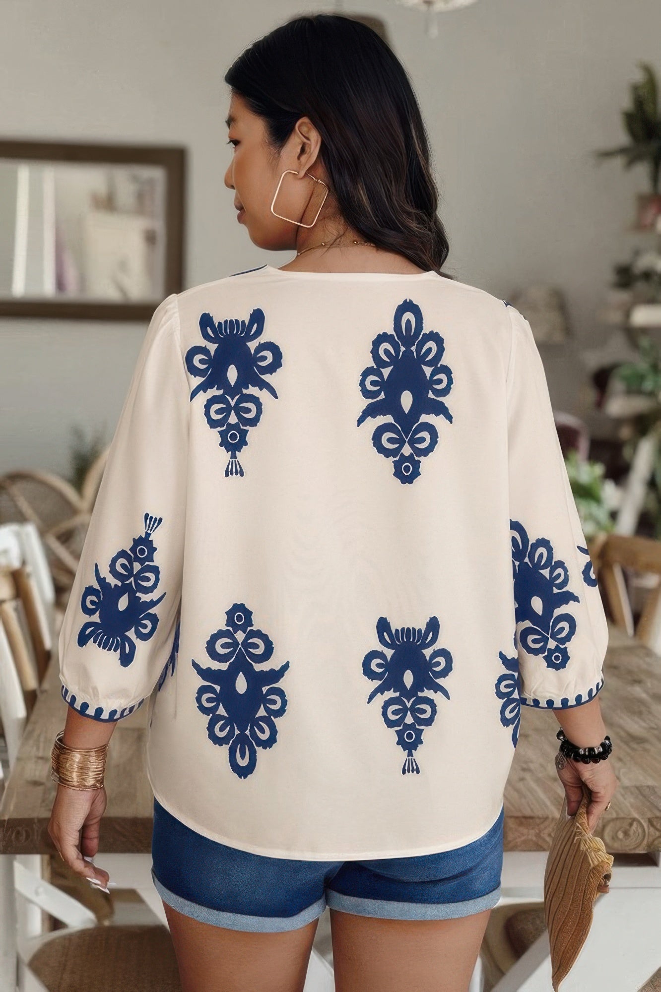 Plus V Neck Geo Print Puff Sleeve Blouse - It's a Girly Place