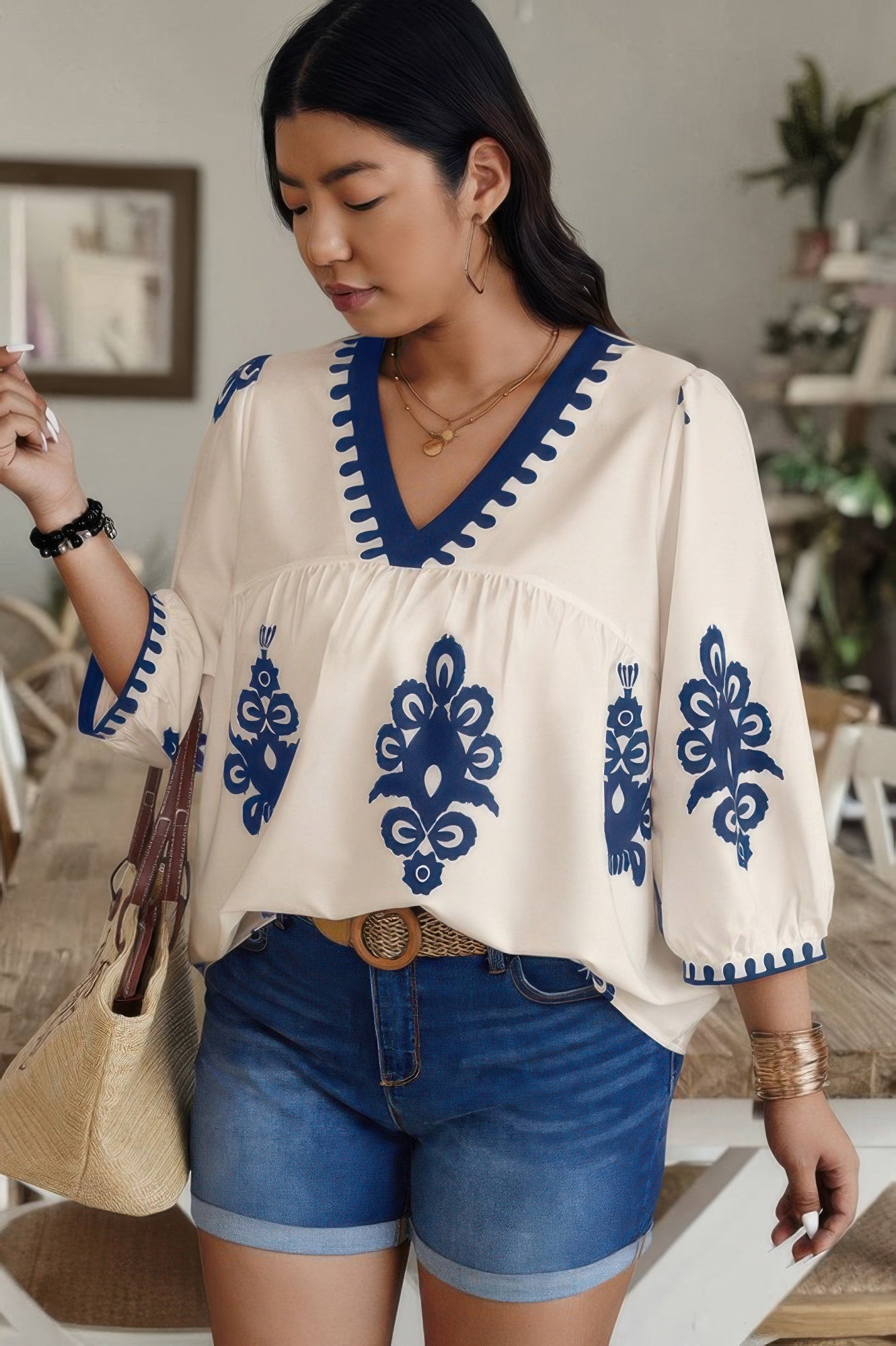 Plus V Neck Geo Print Puff Sleeve Blouse - It's a Girly Place