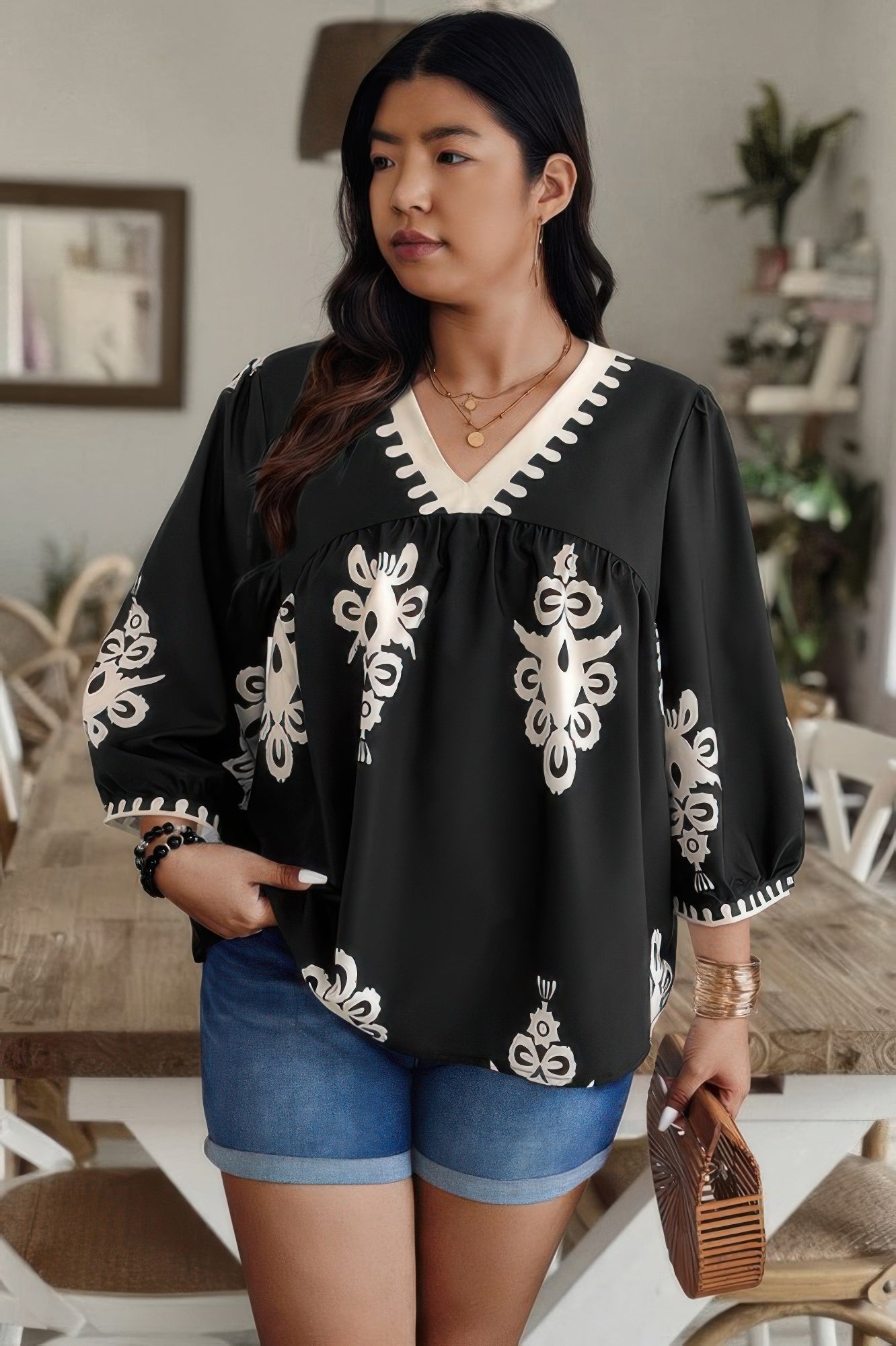 Plus V Neck Geo Print Puff Sleeve Blouse - It's a Girly Place