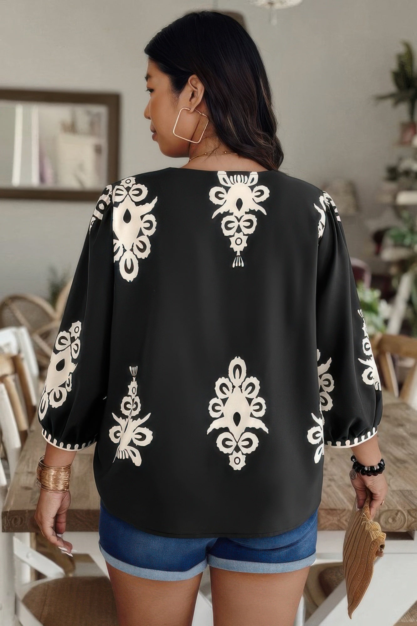 Plus V Neck Geo Print Puff Sleeve Blouse - It's a Girly Place