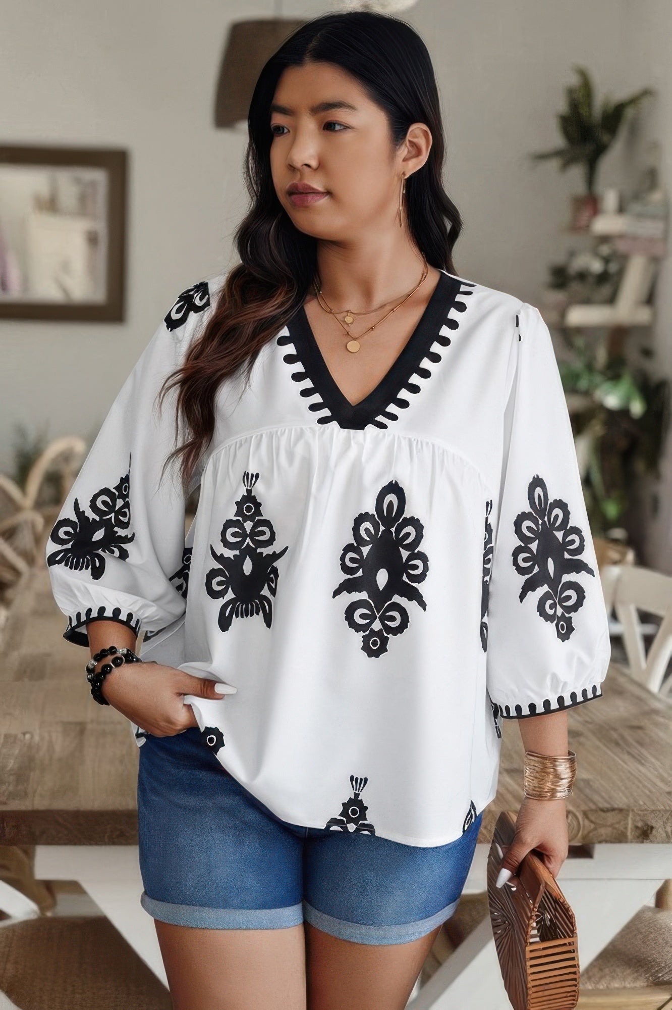 Plus V Neck Geo Print Puff Sleeve Blouse - It's a Girly Place