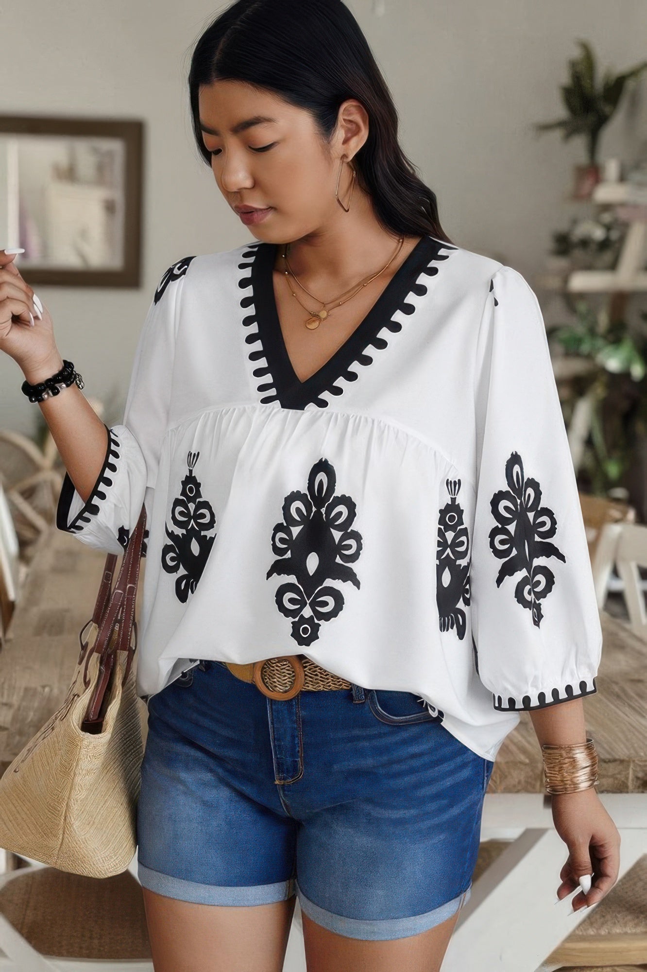 Plus V Neck Geo Print Puff Sleeve Blouse - It's a Girly Place
