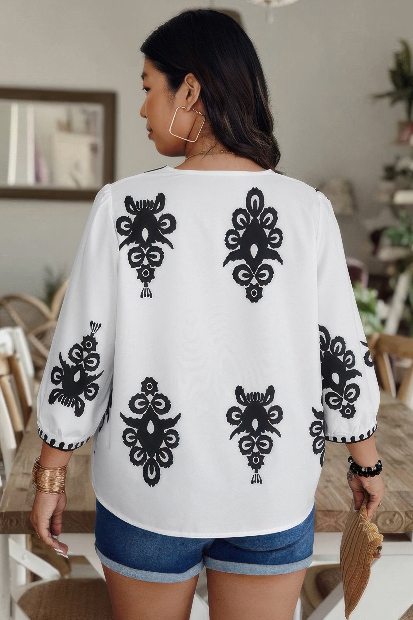 Plus V Neck Geo Print Puff Sleeve Blouse - It's a Girly Place