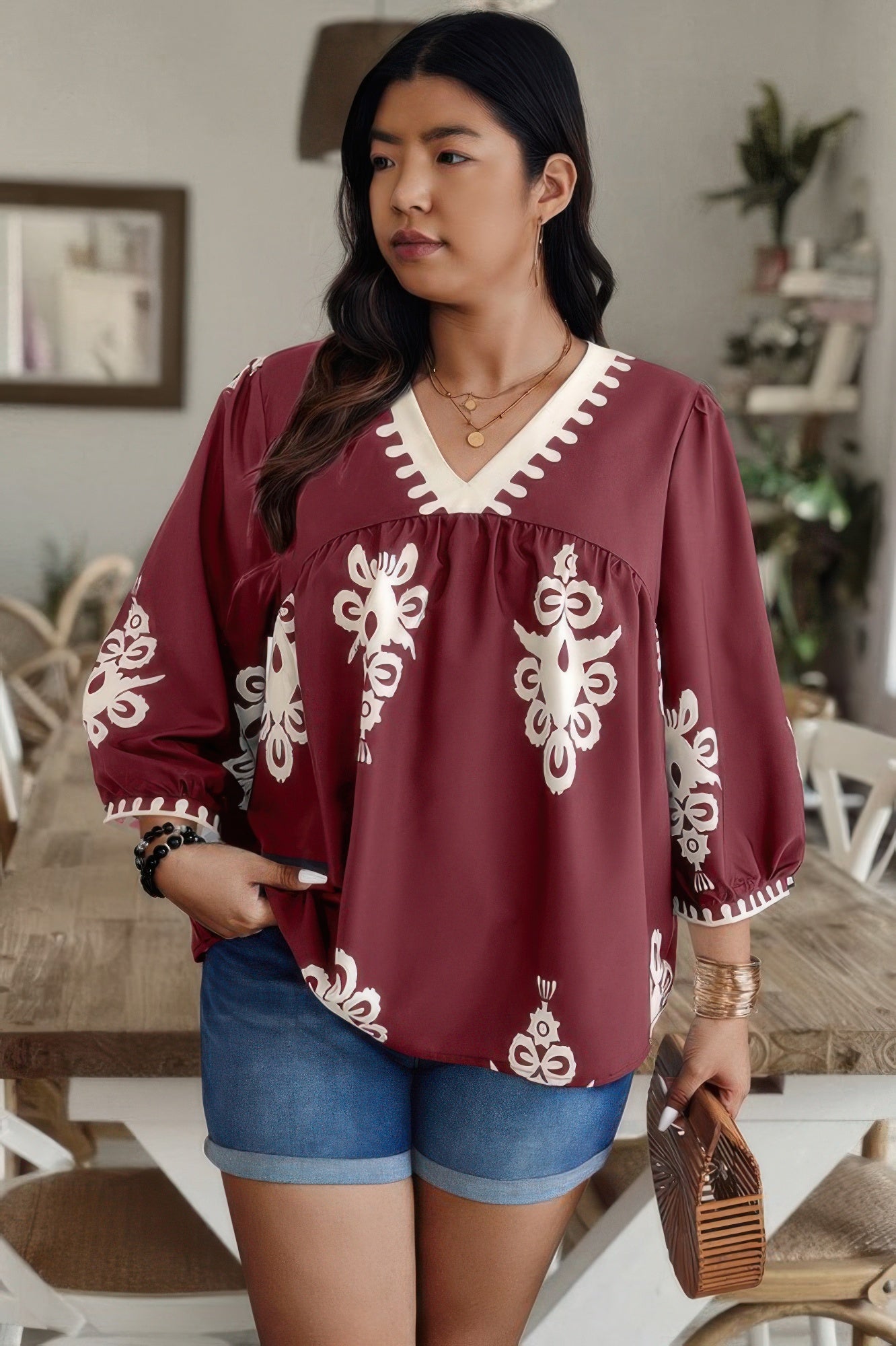 Plus V Neck Geo Print Puff Sleeve Blouse - It's a Girly Place