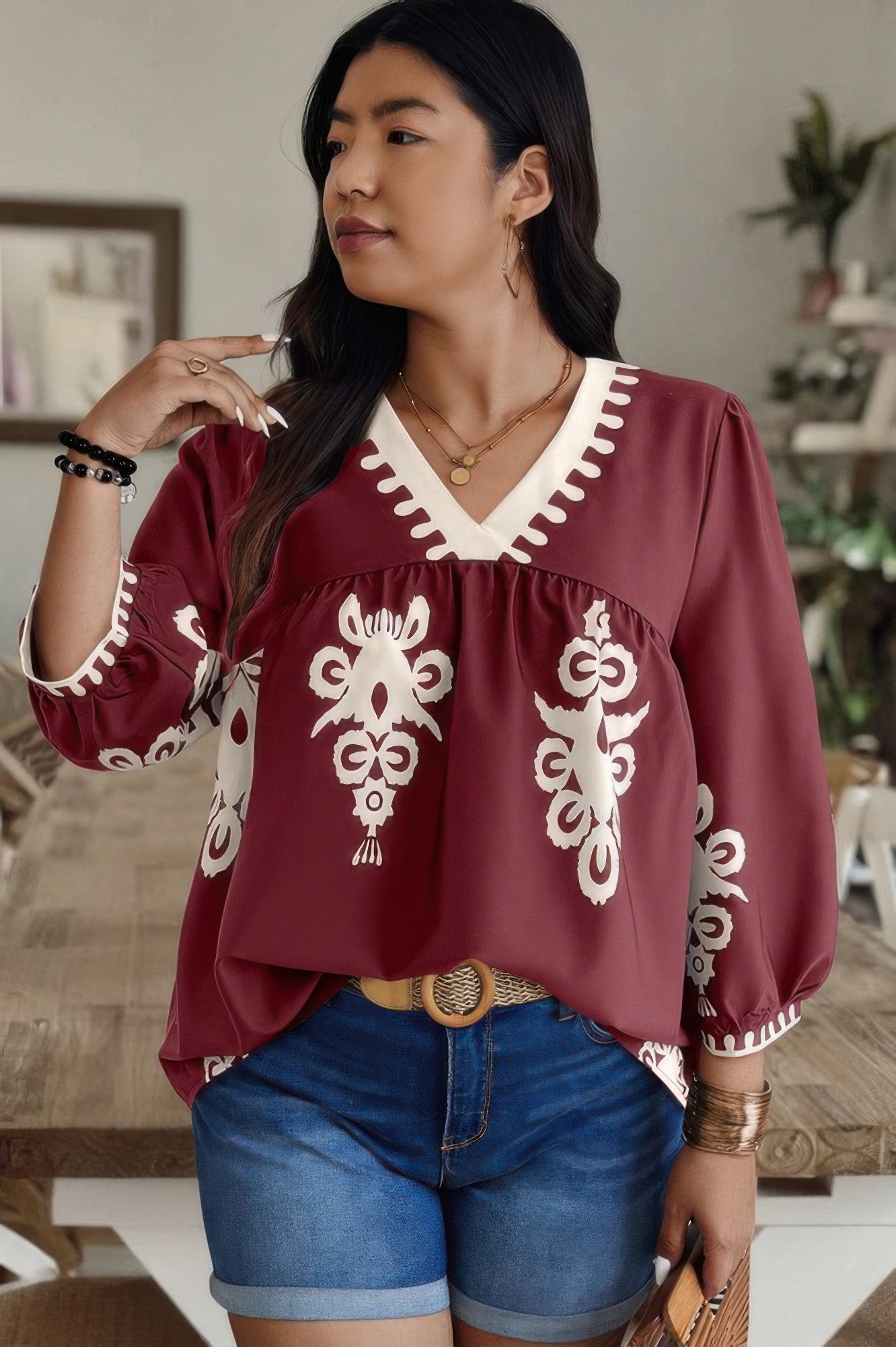Plus V Neck Geo Print Puff Sleeve Blouse - It's a Girly Place