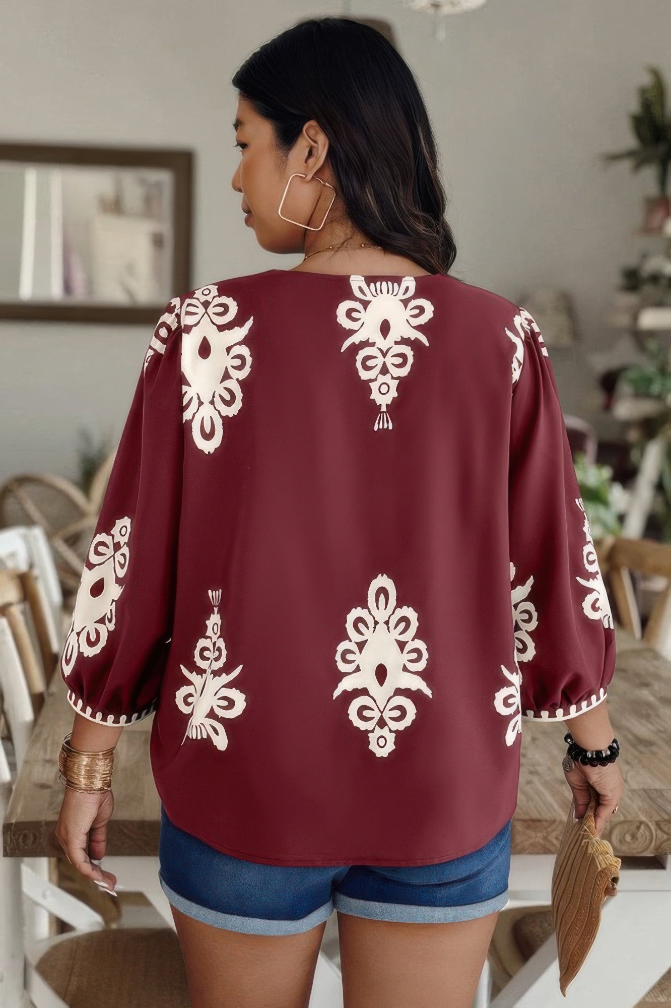 Plus V Neck Geo Print Puff Sleeve Blouse - It's a Girly Place