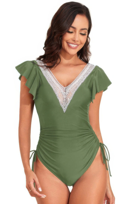 Ruffle Sleeves Lace Color Block Ruched Swimsuit - It's a Girly Place