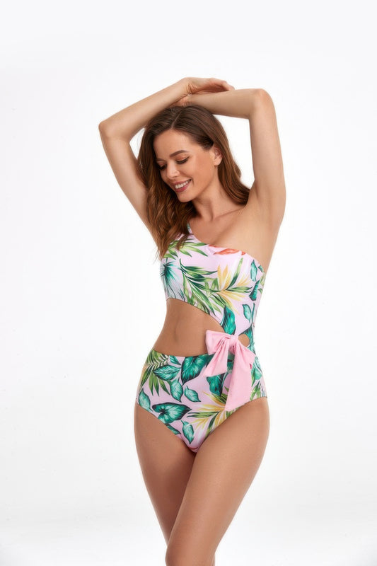 Solid One Shoulder Cut Out Waist Knot Swimsuit - It's a Girly Place