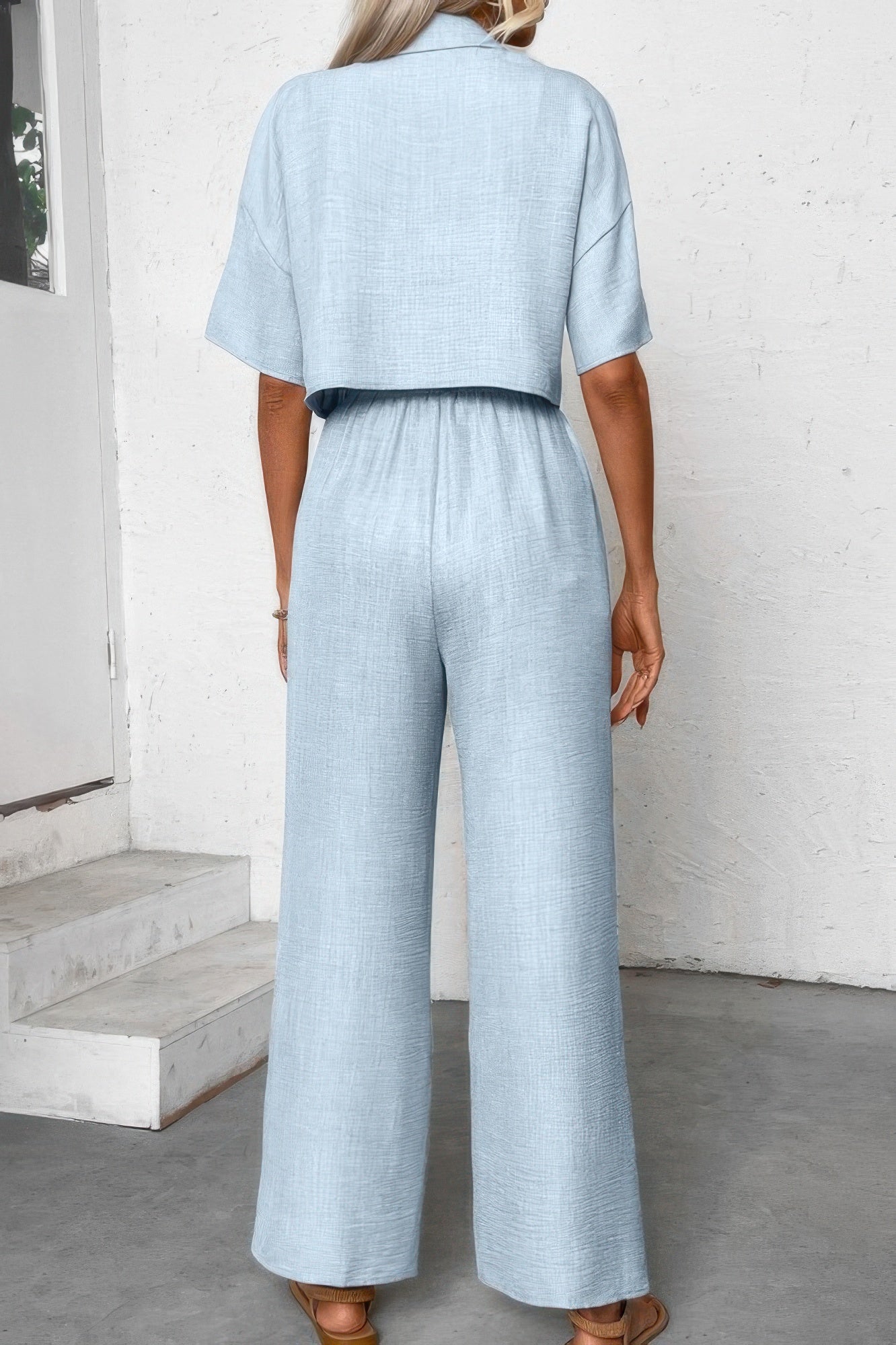Drop Shoulder Tie Front Wide Leg Pant Set - It's a Girly Place