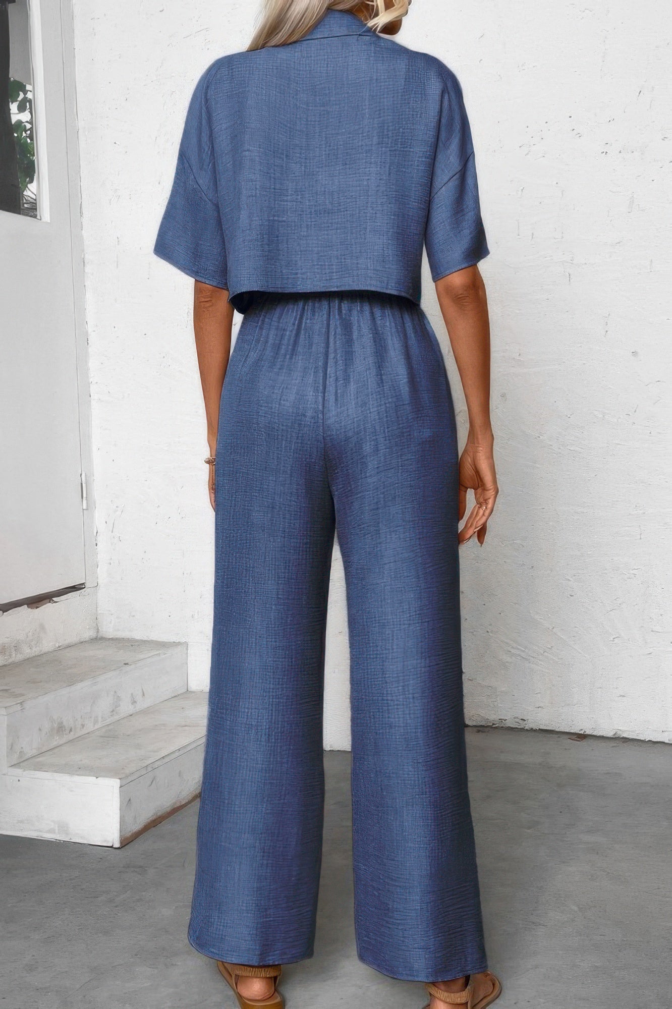 Drop Shoulder Tie Front Wide Leg Pant Set - It's a Girly Place