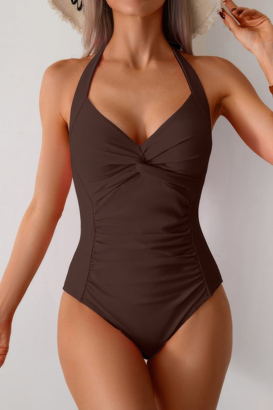 V Neck Halter One Piece Ruched Backless Swimsuit - It's a Girly Place