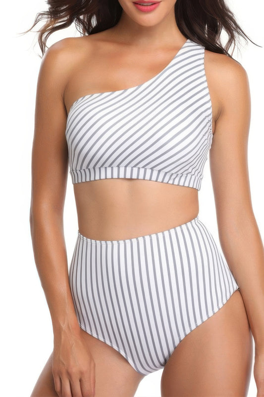 Solid Two Pieces One Shoulder High Cut Swimsuit - It's a Girly Place