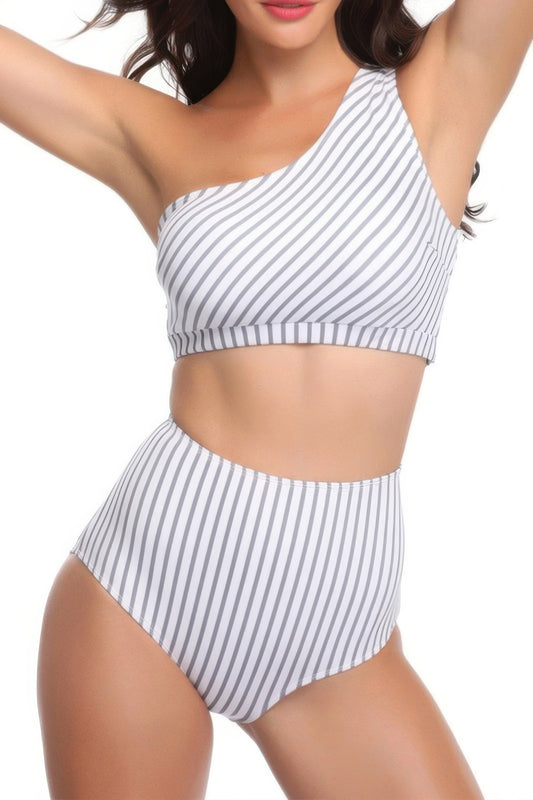 Solid Two Pieces One Shoulder High Cut Swimsuit - It's a Girly Place
