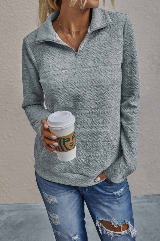 Half Zip Textured Solid Long Sleeve Pullover - It's a Girly Place