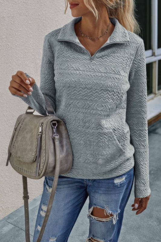 Half Zip Textured Solid Long Sleeve Pullover - It's a Girly Place