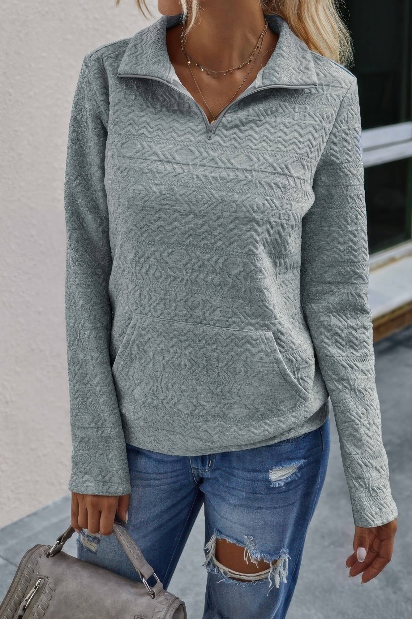 Half Zip Textured Solid Long Sleeve Pullover - It's a Girly Place