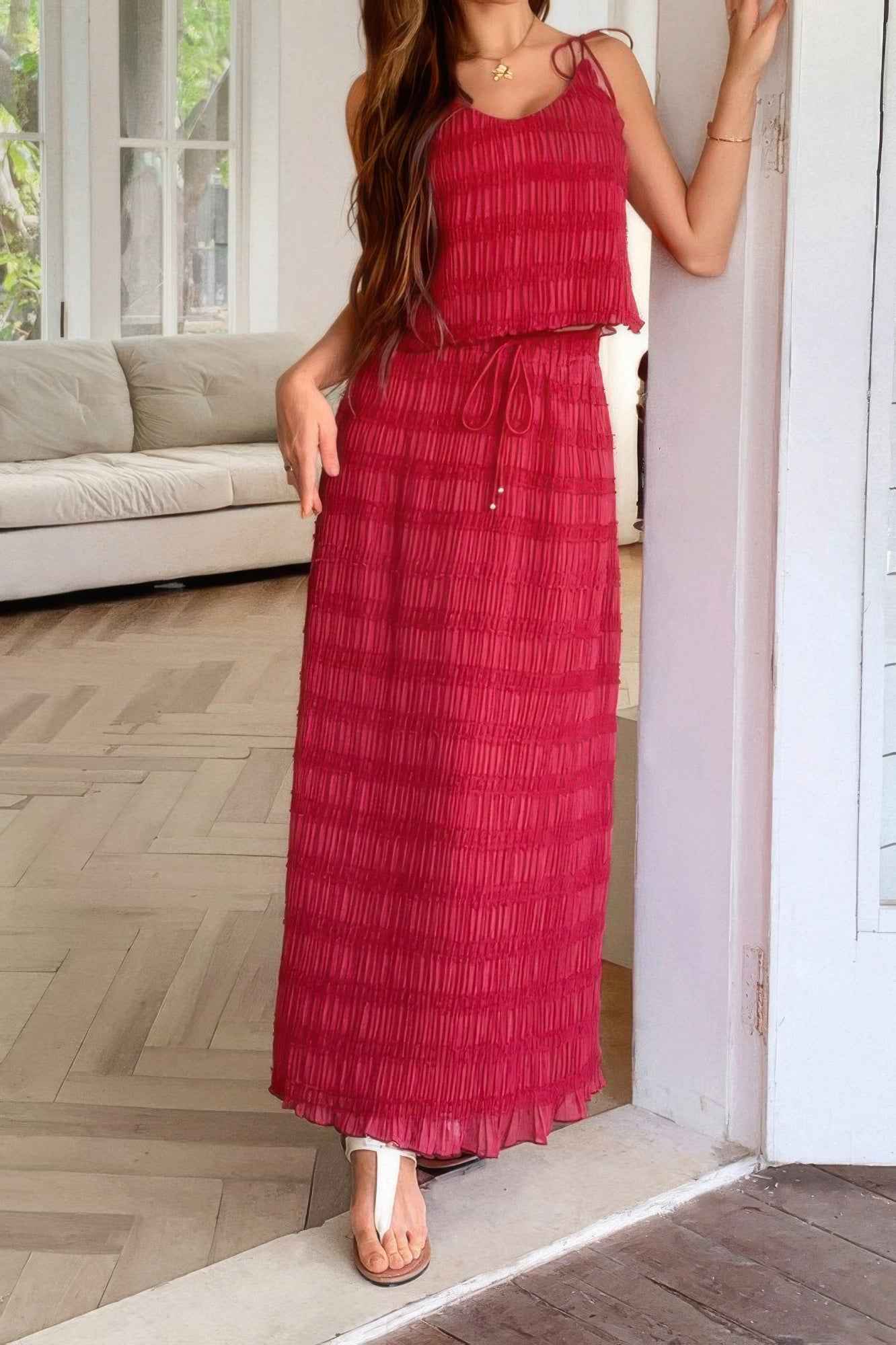 Solid Two Piece Strappy Maxi Skirt Crop Top Set