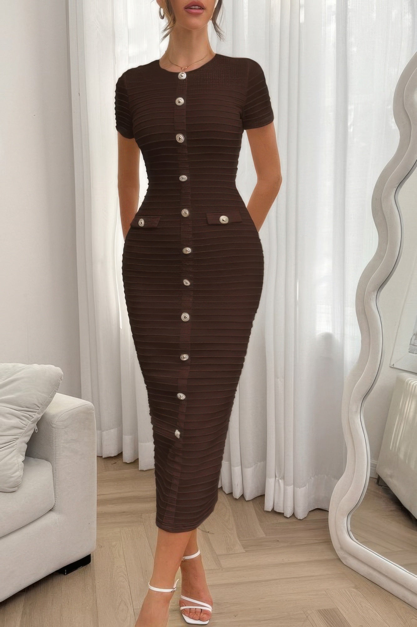 Solid Buckle Design Zipper Split Short Sleeve Dress - It's a Girly Place