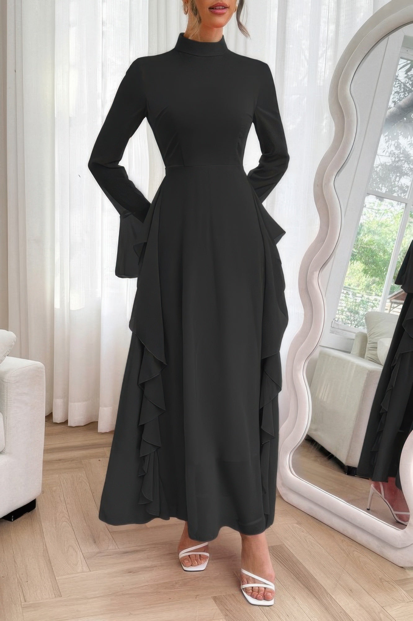 Solid Stand Collar Flare Sleeve Ruffle Full Dress - It's a Girly Place