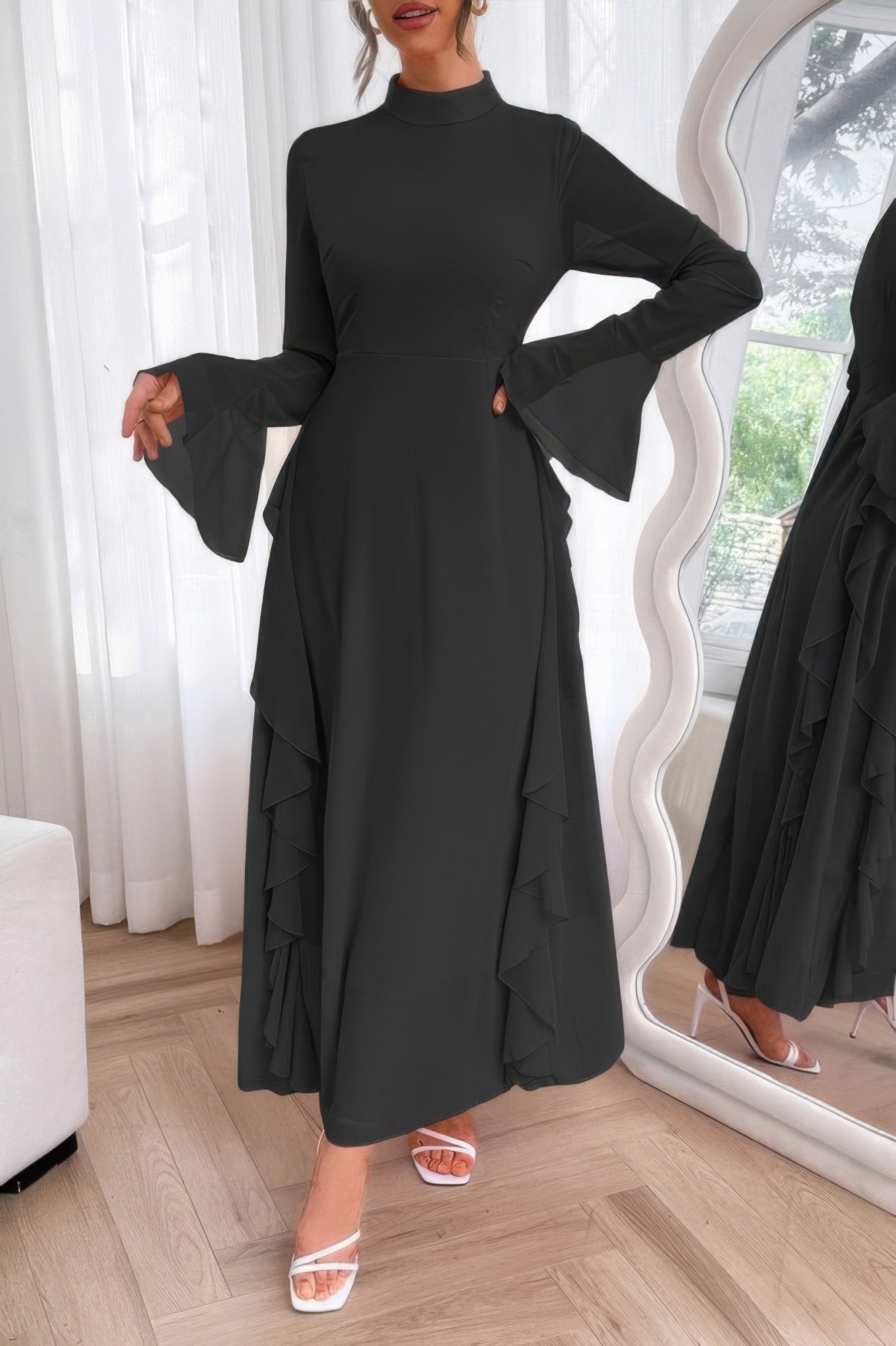 Solid Stand Collar Flare Sleeve Ruffle Full Dress - It's a Girly Place