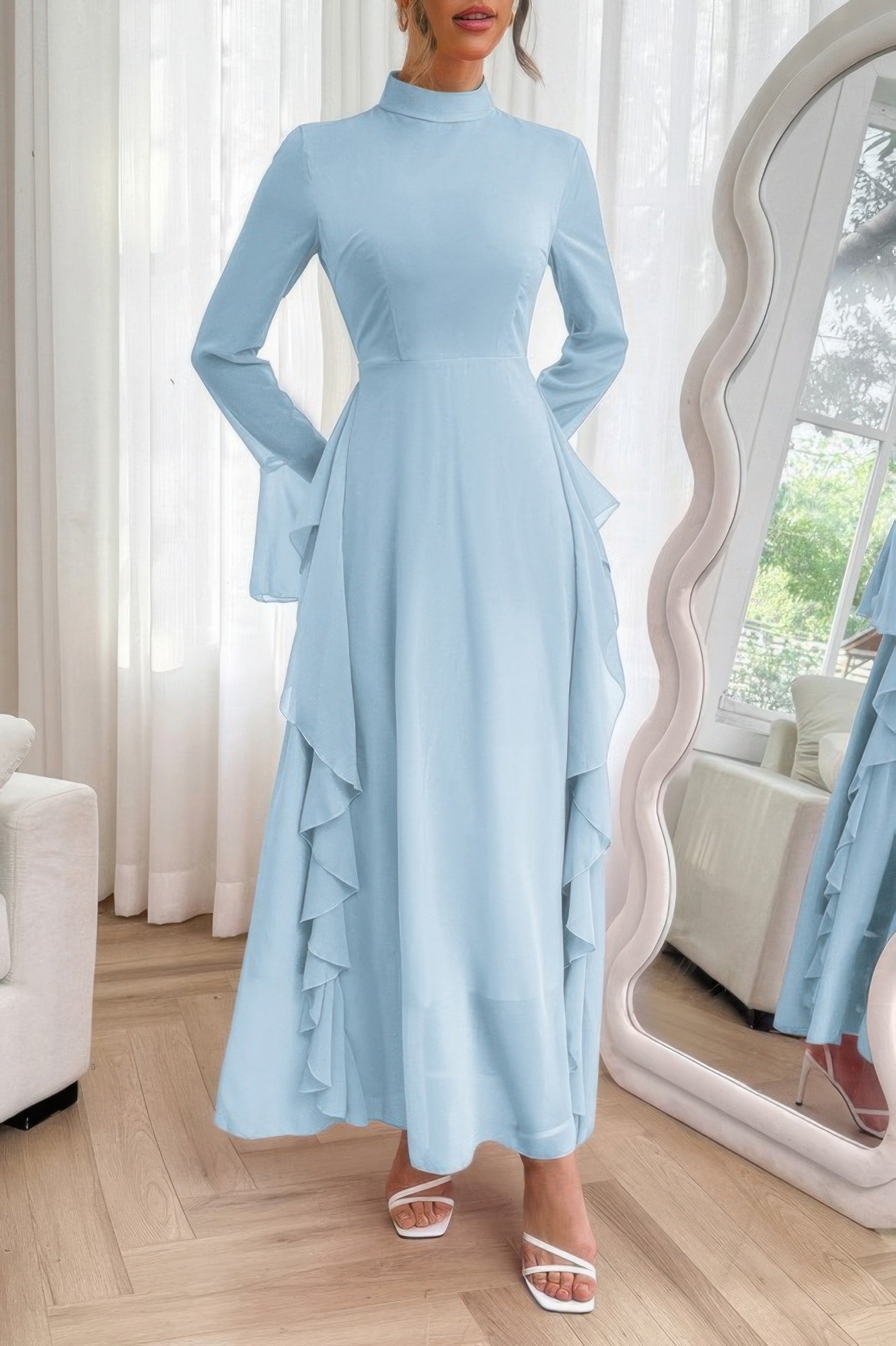 Solid Stand Collar Flare Sleeve Ruffle Full Dress - It's a Girly Place