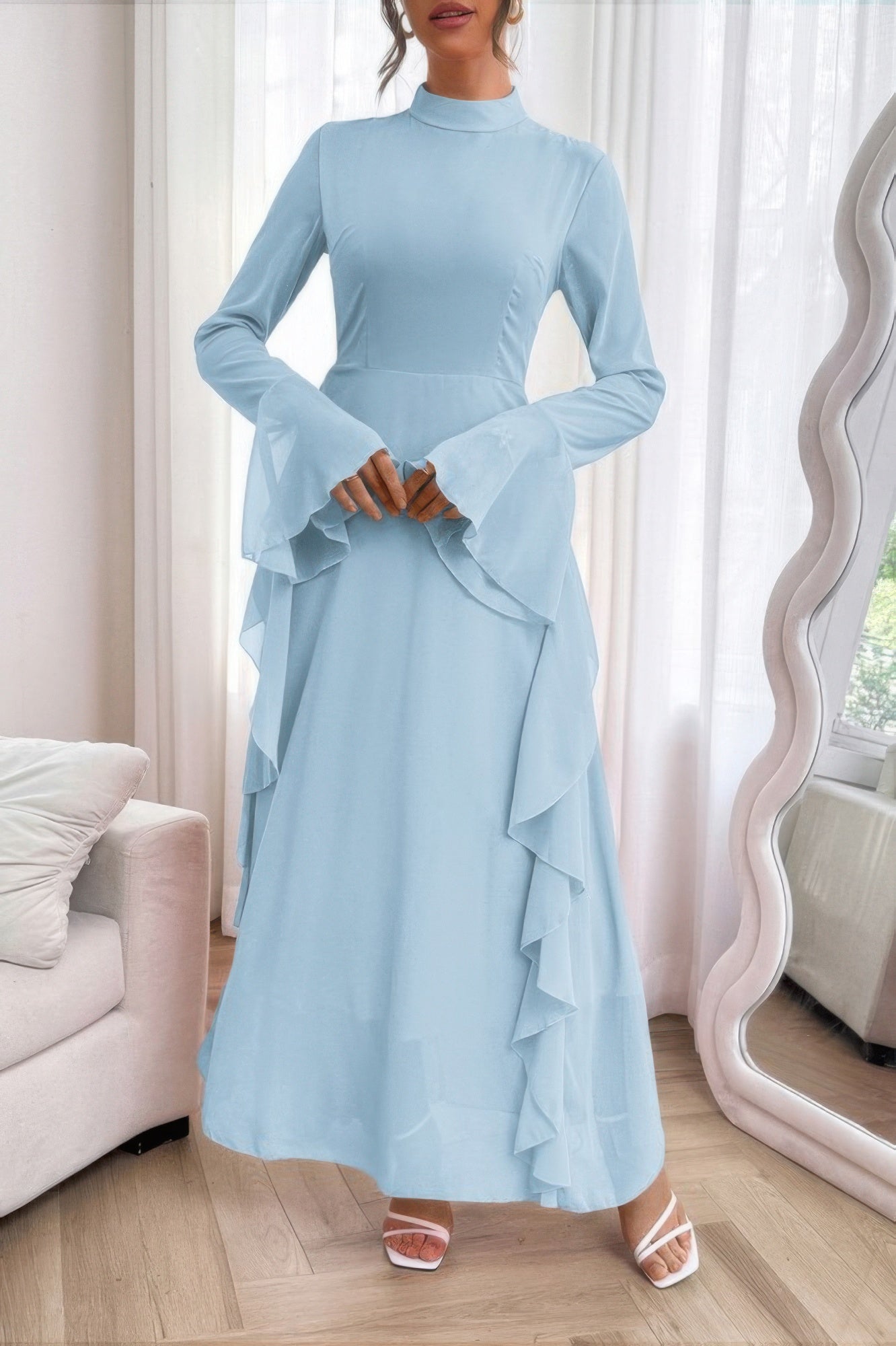 Solid Stand Collar Flare Sleeve Ruffle Full Dress - It's a Girly Place