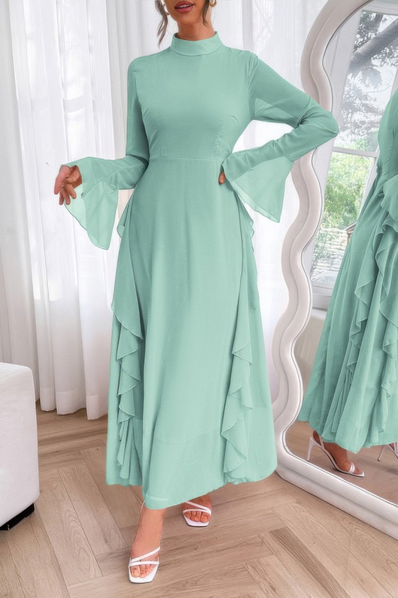 Solid Stand Collar Flare Sleeve Ruffle Full Dress - It's a Girly Place
