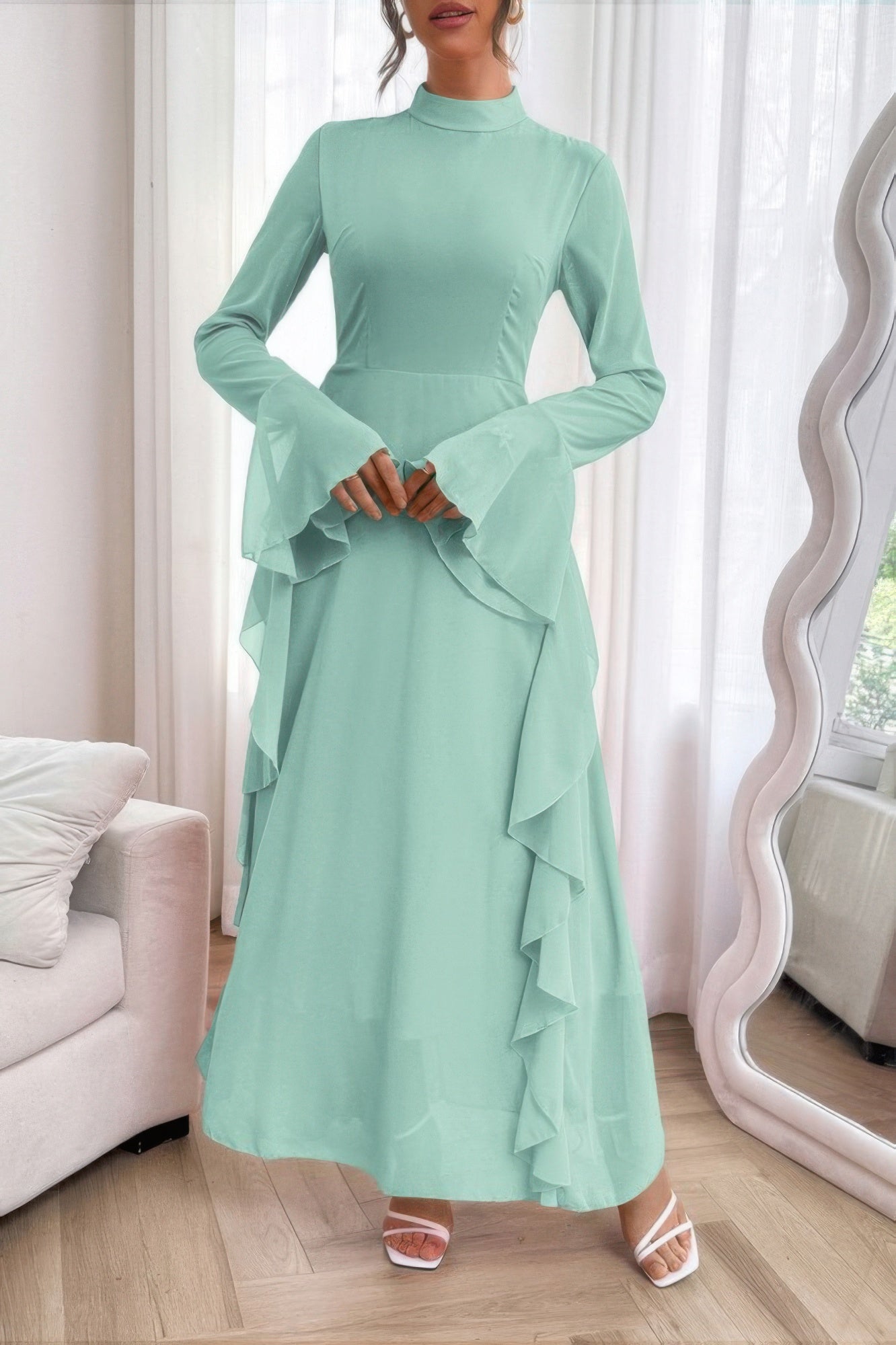Solid Stand Collar Flare Sleeve Ruffle Full Dress - It's a Girly Place