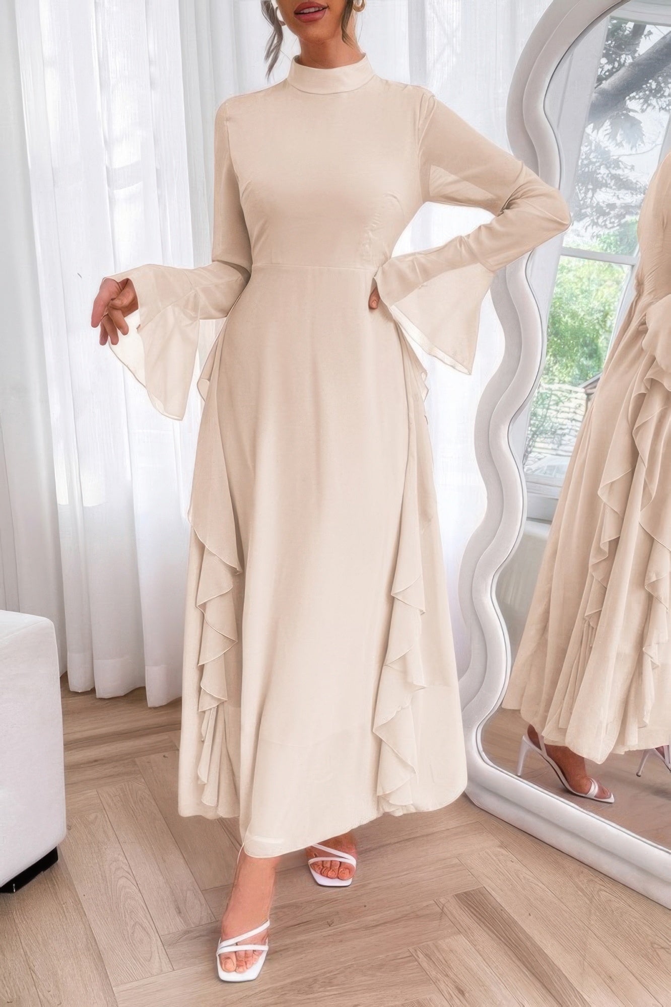 Solid Stand Collar Flare Sleeve Ruffle Full Dress - It's a Girly Place