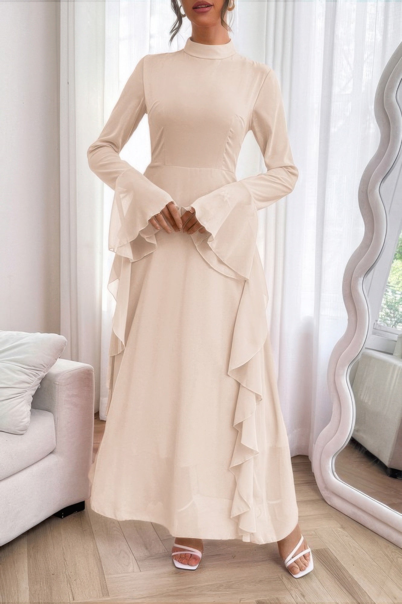 Solid Stand Collar Flare Sleeve Ruffle Full Dress - It's a Girly Place